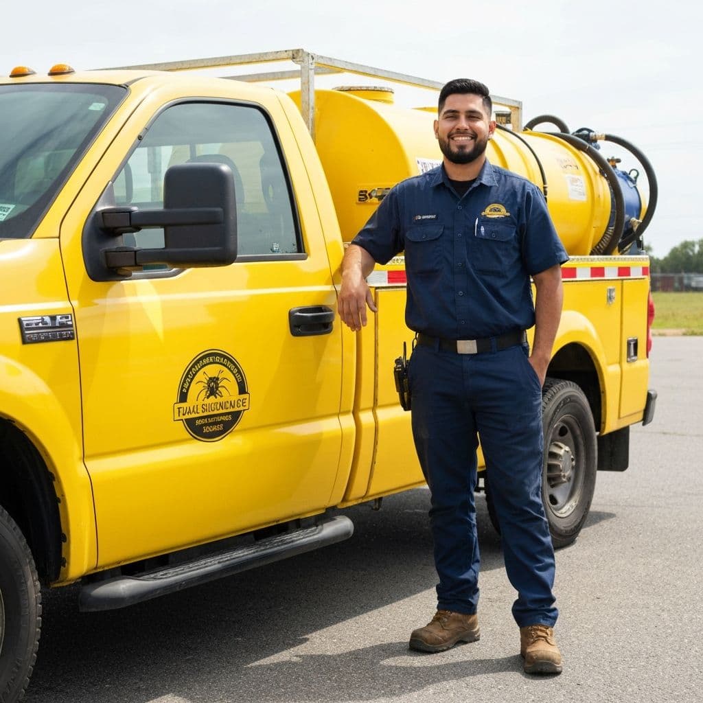 Photo of professional service technician standing confidently beside a clean, unbranded service vehicle in a residential setting
