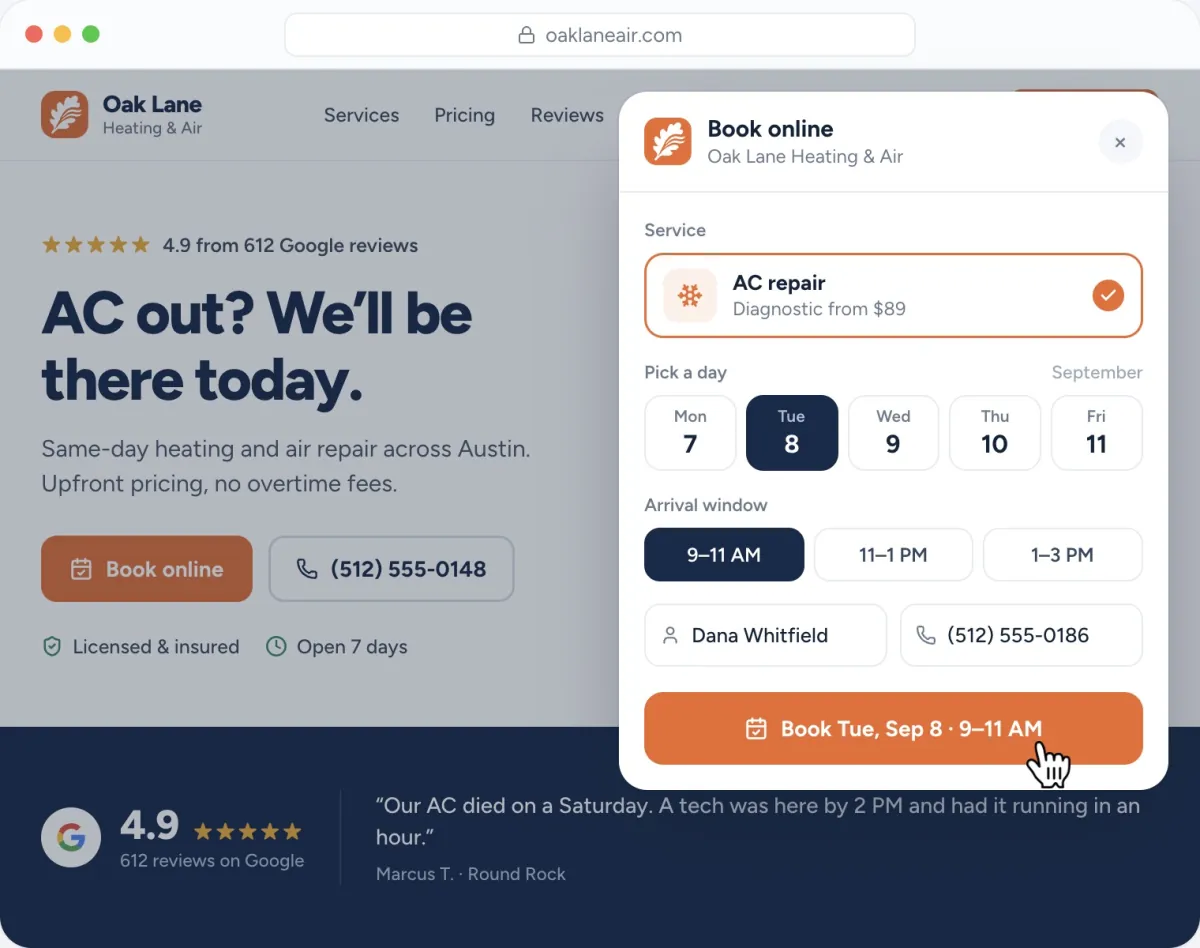 Oak Lane Heating & Air's website with Book online open